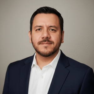 David Morales Obando wearing a suit in front of a grey background